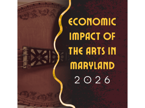 Base of Norwegian fiddle, yellow bold text reads Economic Impact of the Arts in Maryland 2026
