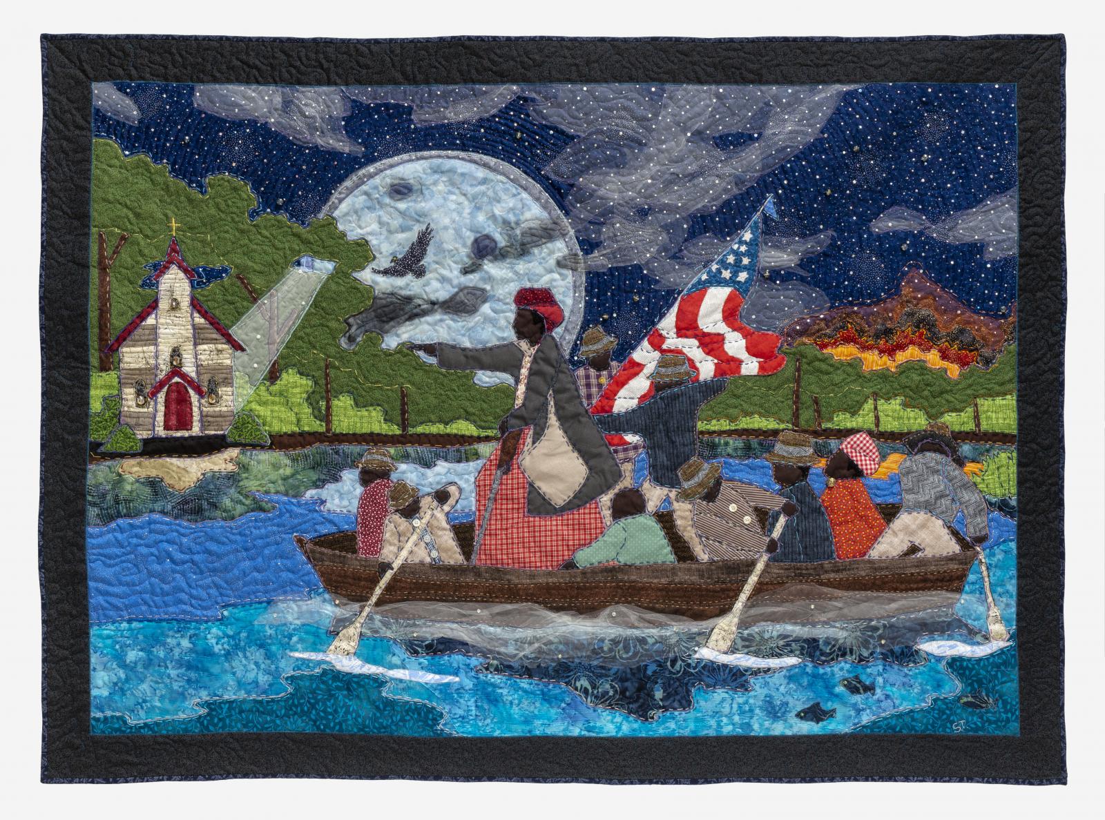 Fiber art piece of people rowing on a boat at night by Stephen Towns